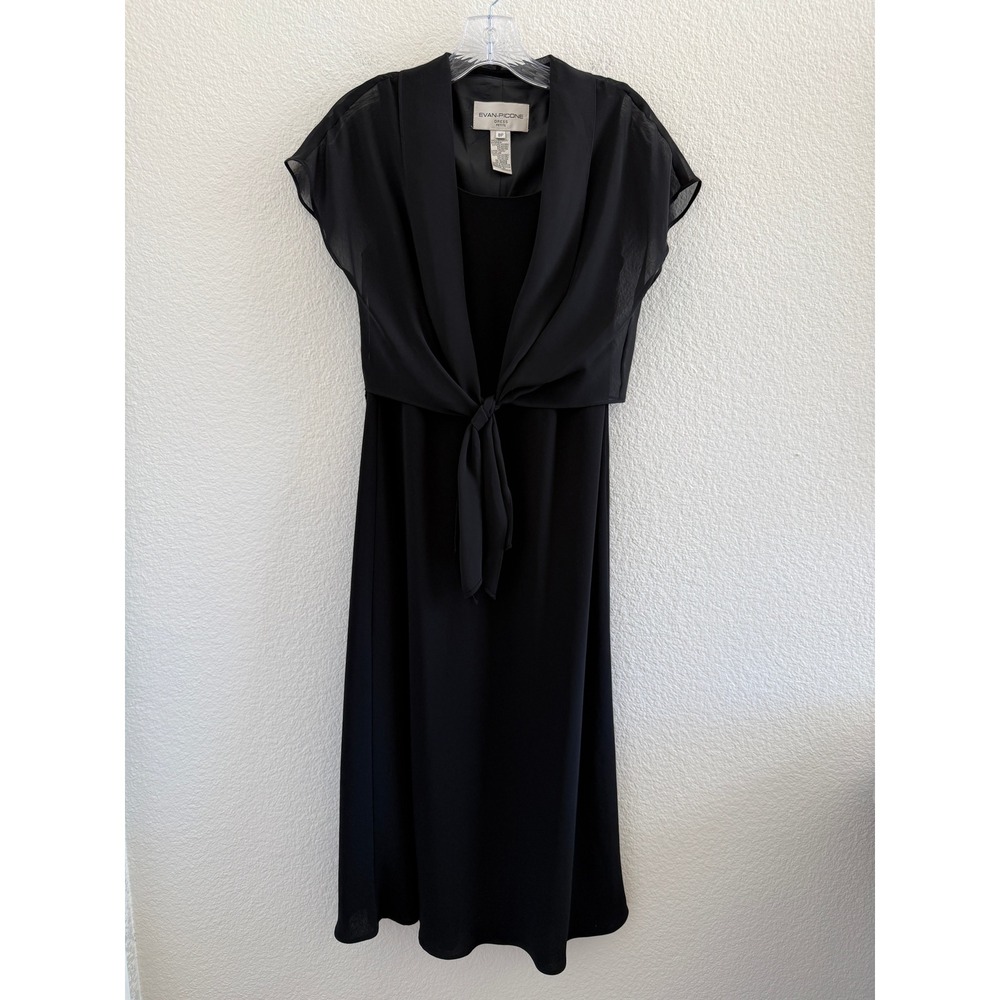 Evan-Picone Black Chiffon Short Sleeve Tie Front Attached Jacket Midi Dress 8P